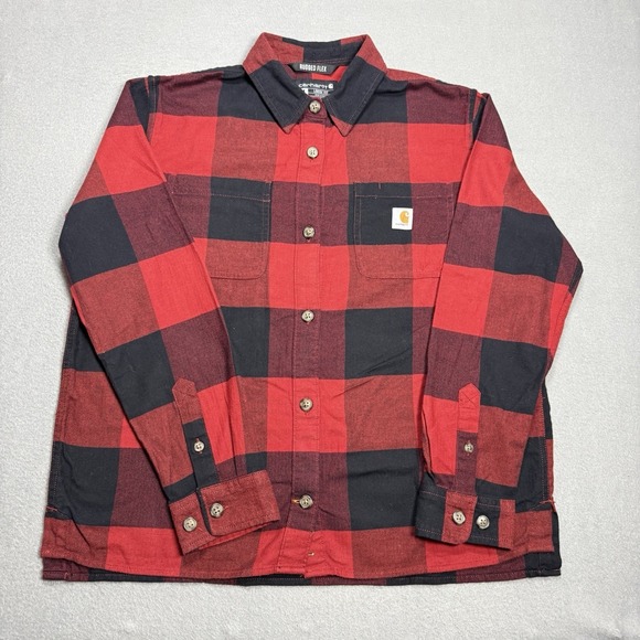 Carhartt Rugged Flex Buffalo Plaid Flannel Shirt Womens M Loose Fit Red Black - Picture 2 of 8